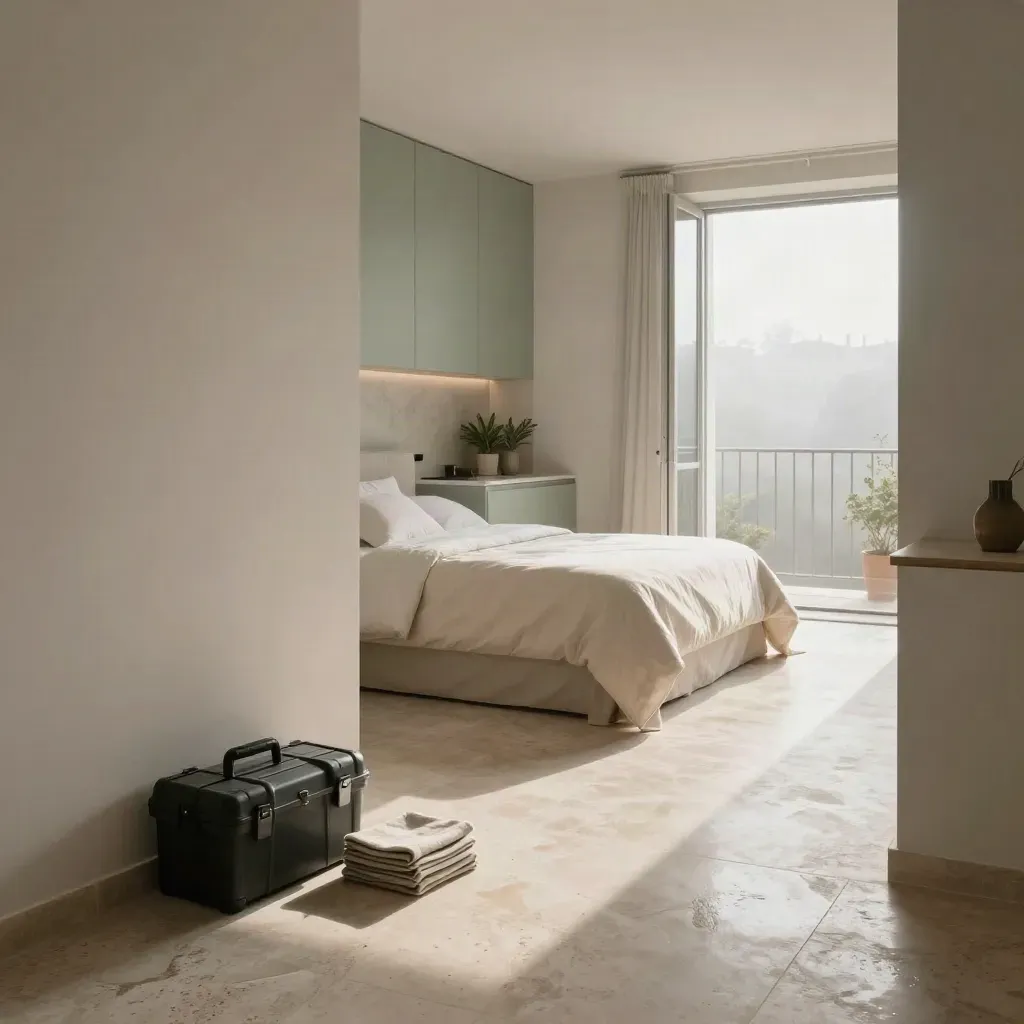 Appartamento italiano ordinato all’alba, cucina lucida, letto fatto e luce post-pioggia.