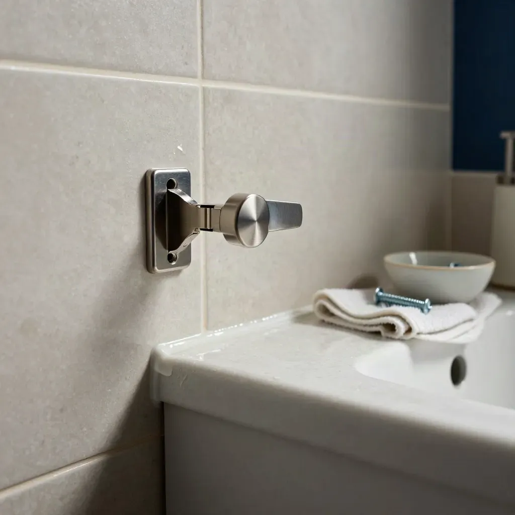 Angolo bagno con cerniera sostituita, maniglia rimessa, silicone fresco e viti in una coppetta.