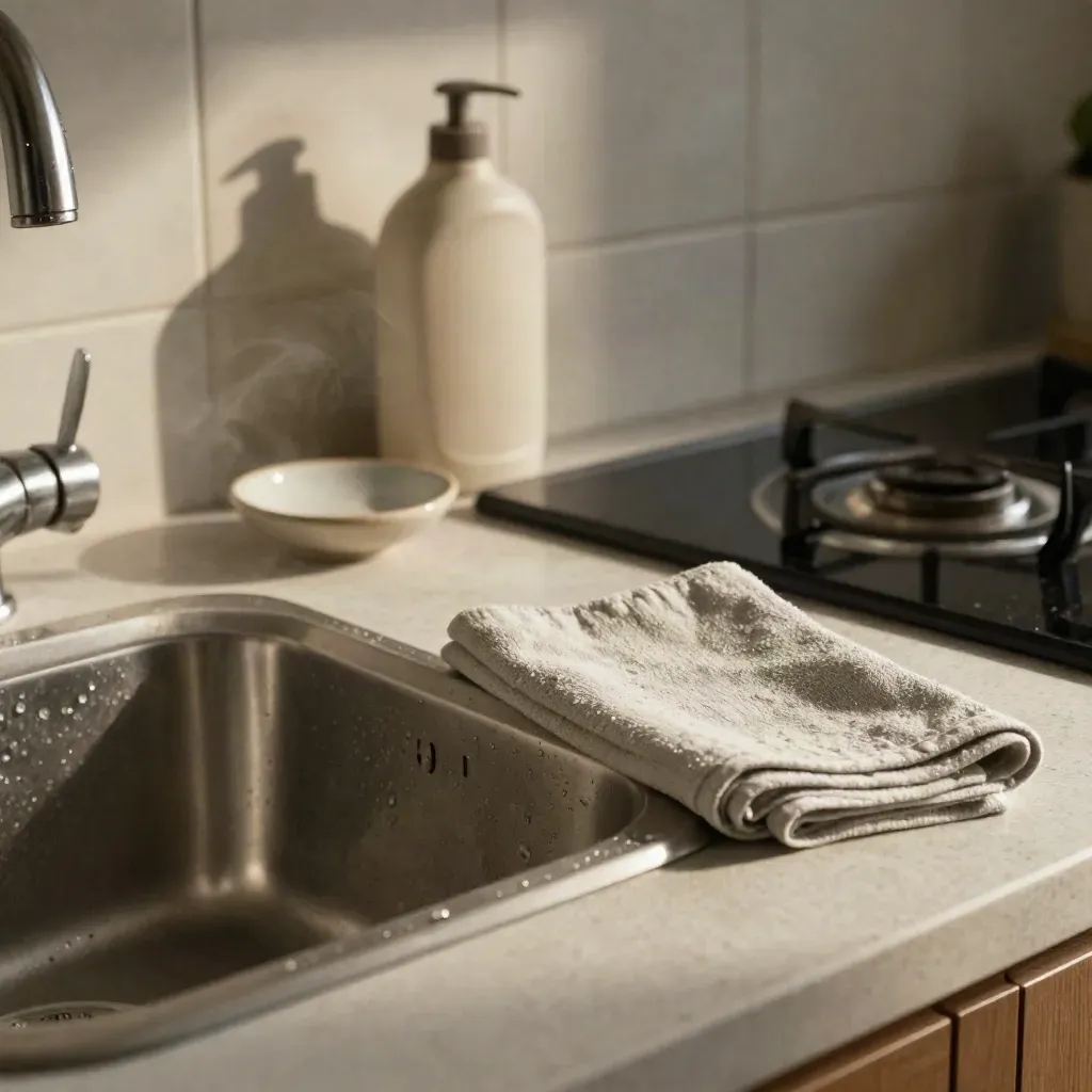 Cucina pulita con lavello lucido, piano cottura nero e accessori detergenti in primo piano.