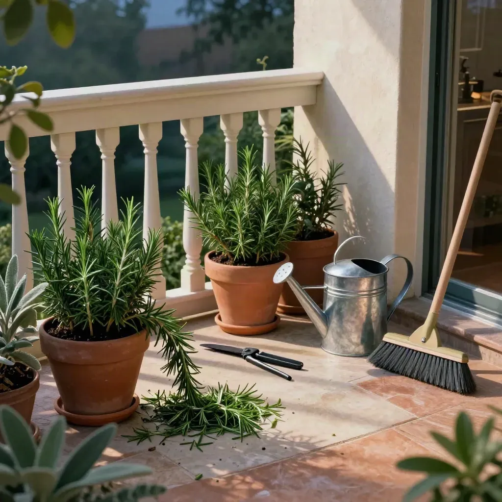 Terrazzo con cura del giardino, rosmarino potato, cesoie, annaffiatoio e scopa in luce drammatica.