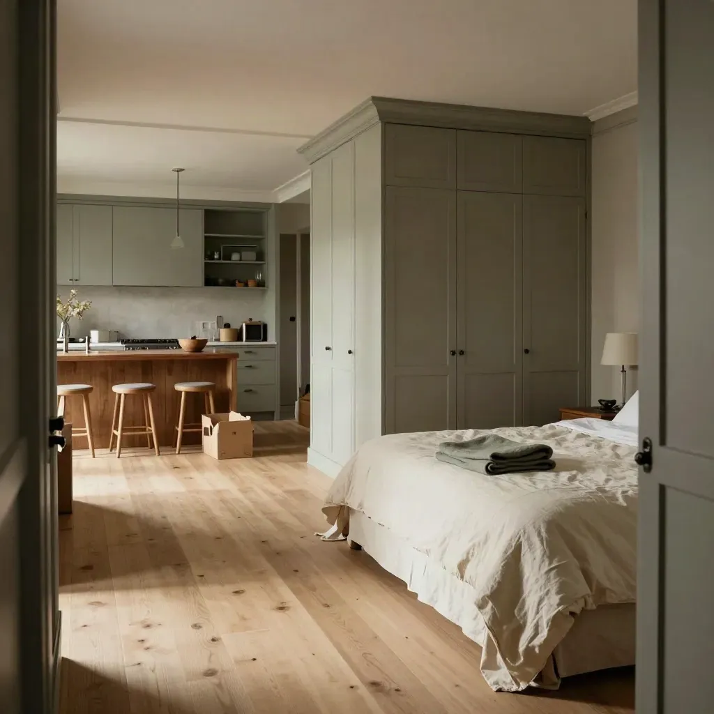 Appartamento ordinato con letto rifatto e cucina lucida, pronto per il rientro