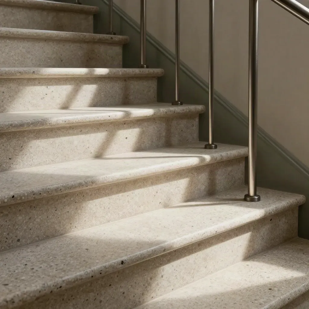 Scala condominiale pulita in terrazzo, corrimano lucido e pianerottolo impeccabile.