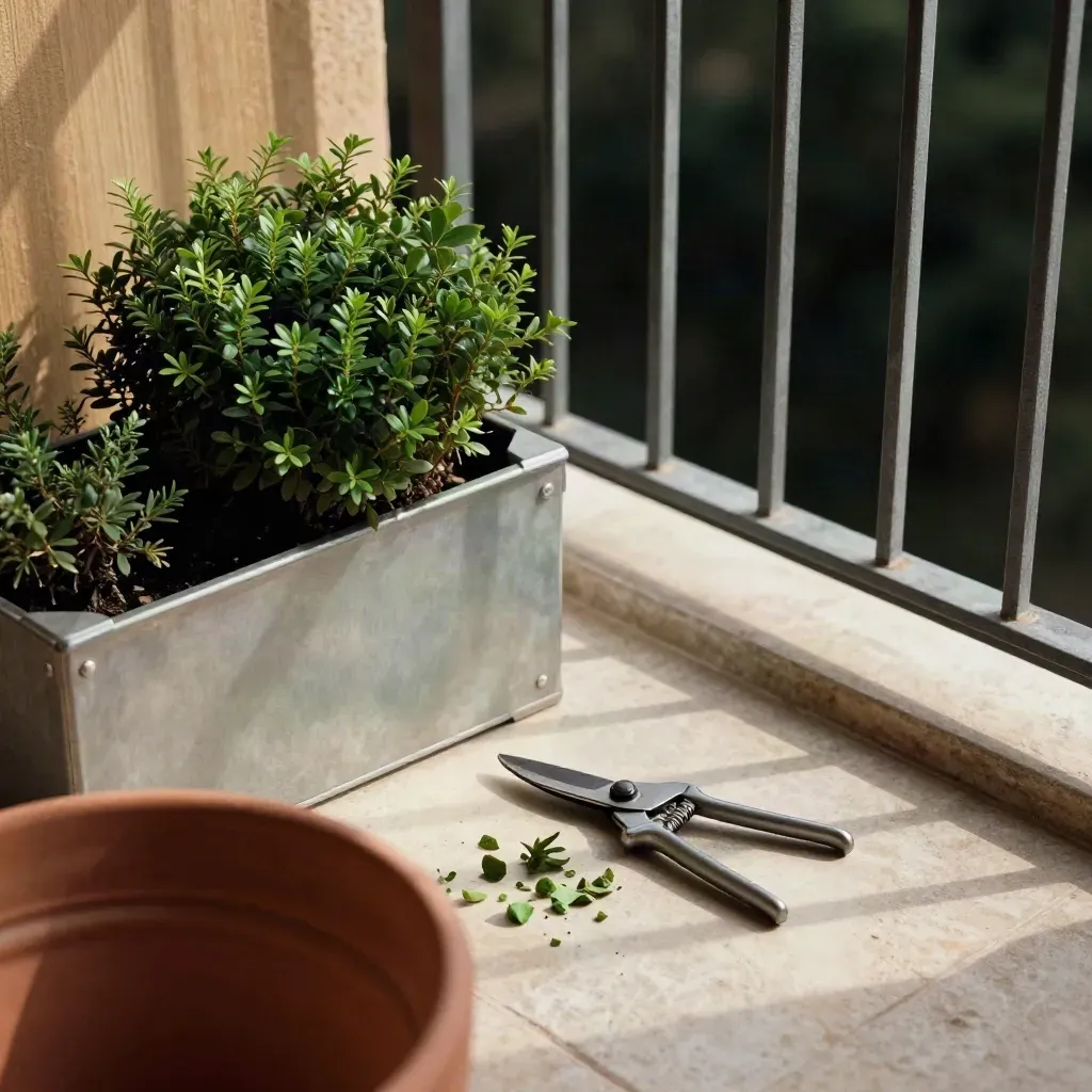 Balcone piccolo ordinato con cesoie, cespuglio potato e foglie mosse dal vento