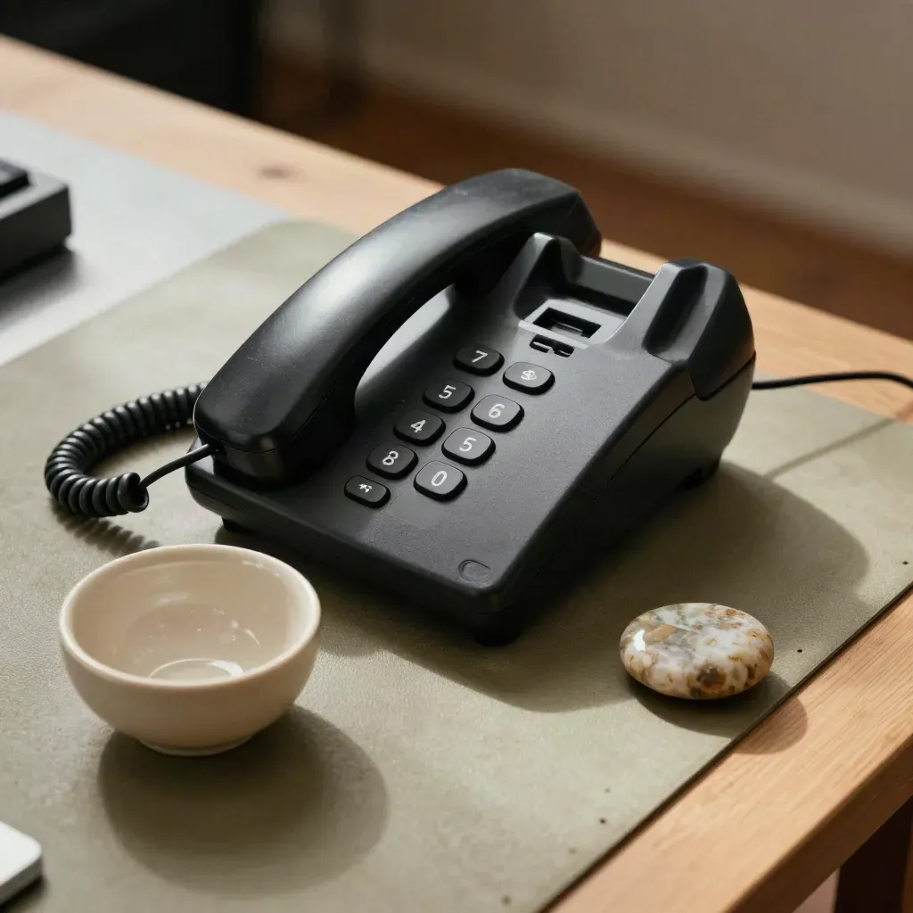 Base di telefono cordless con ciotola in ceramica e pietra liscia su piano operativo