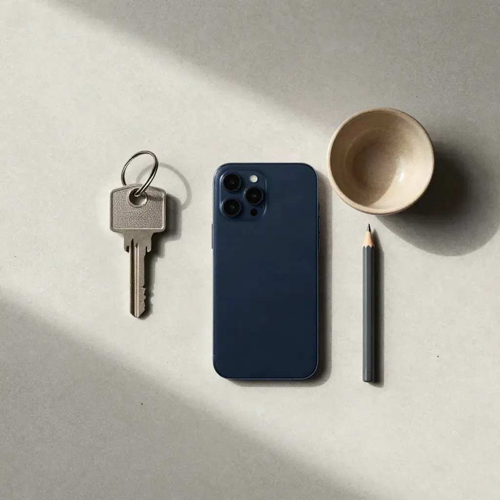 Chiavi di casa, smartphone, ciotola in ceramica e matita corta su cemento chiaro, dall’alto