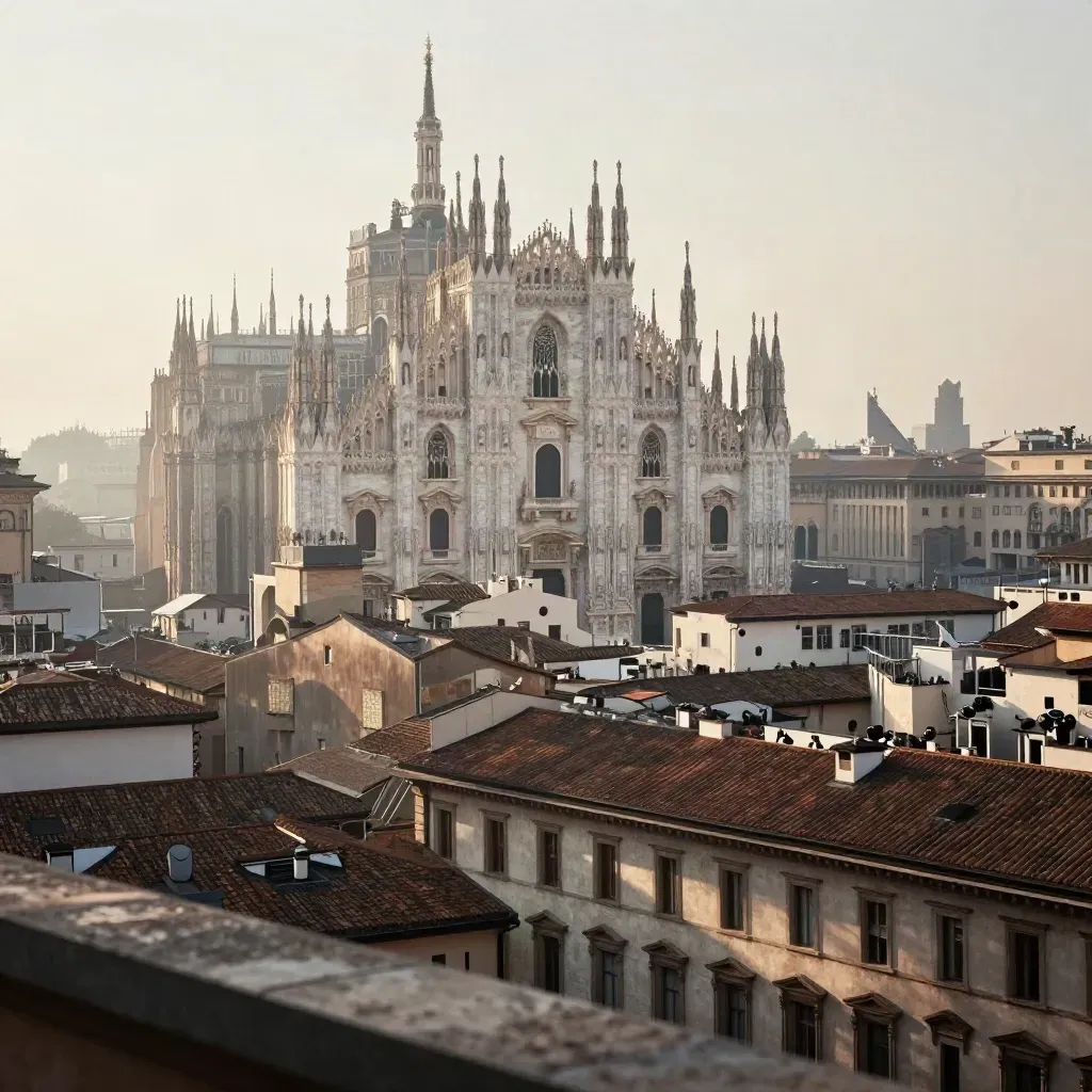Panorama di Milano all’alba con il Duomo in alto e i tetti immersi nella foschia.