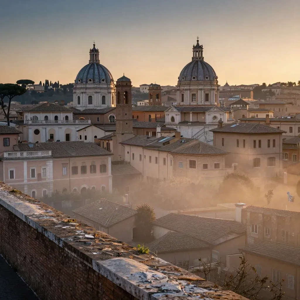 Panorama di Roma al tramonto con cupole e tetti in travertino nella foschia dorata.