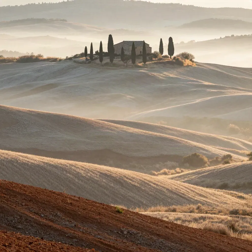 Colline della Val d’Orcia all’alba con cipressi e casale in pietra nella nebbia